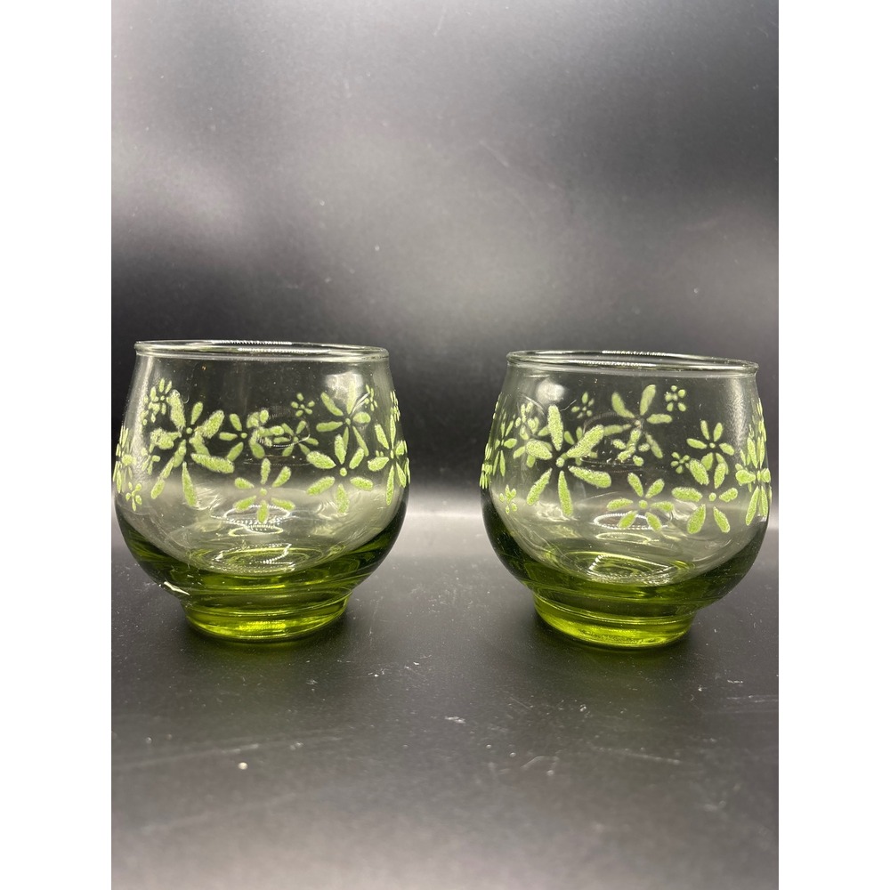 Vintage Green Glass Juice Tumblers Set of 2 Hand Painted Lime Daisy Floral Retro